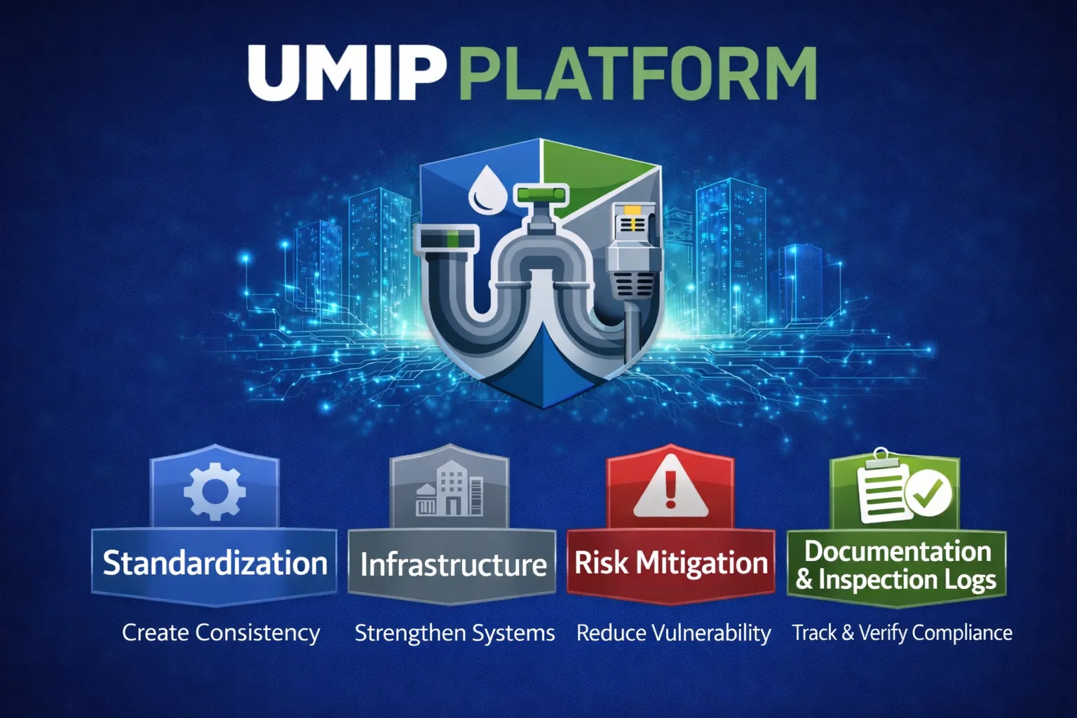 UMIP Platform Art - pipeline icon in a blue cityscape